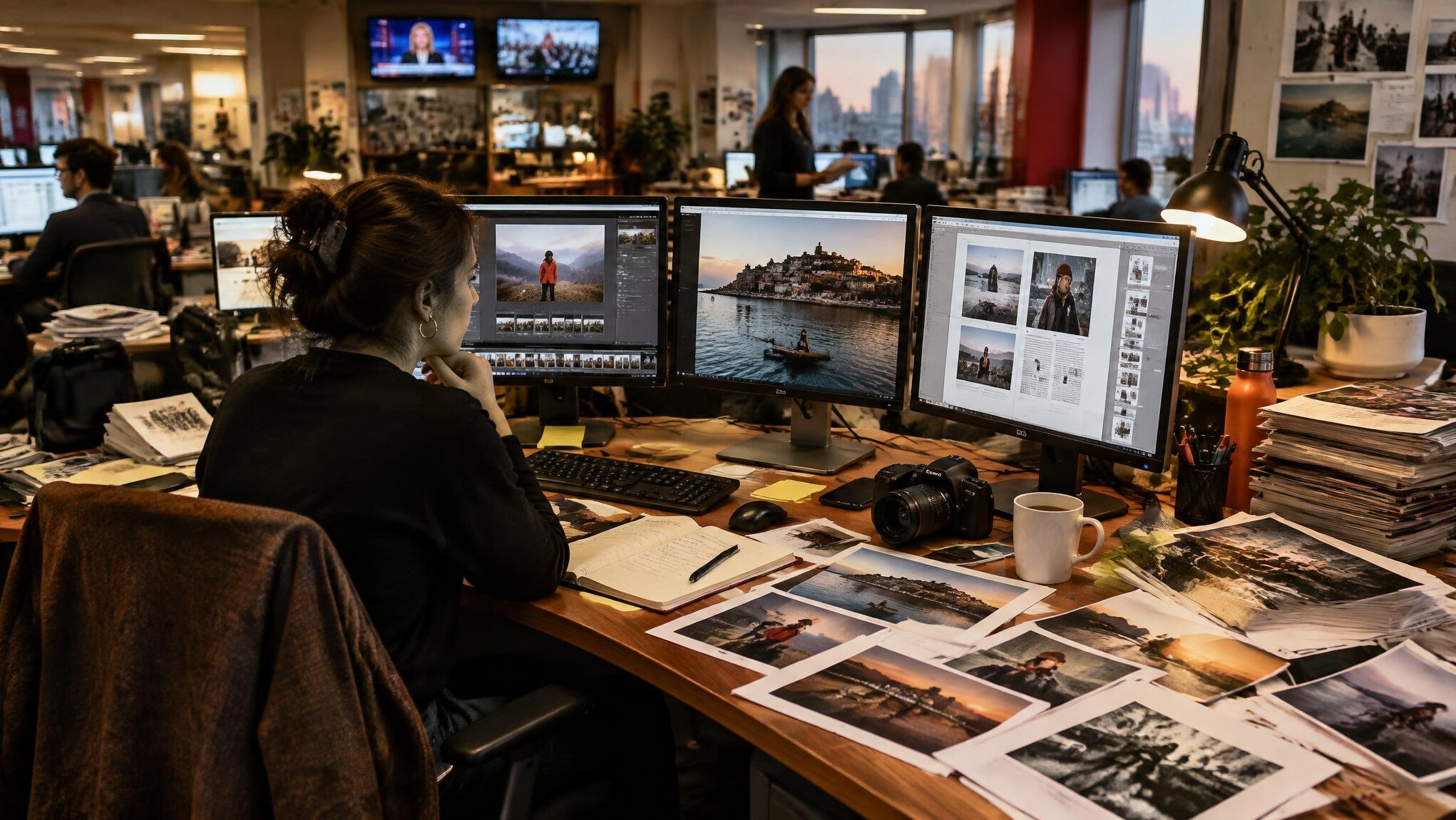 Newsroom desk with monitors and notes